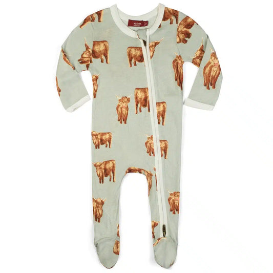 Highland Cow Bamboo Zipper Footed Romper