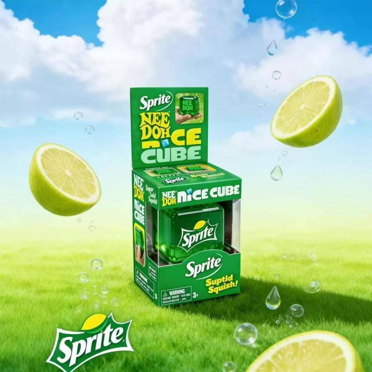 Sprite Nee Doh Nice Cube packaging with lemons and a blue sky background