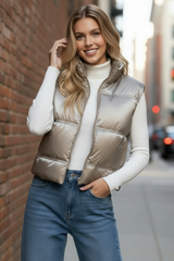 High Neck Zip Up Vest Taupe
