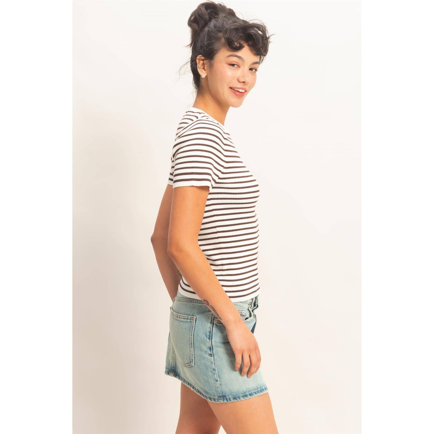 Striped Ribbed Crew Neck Knit Top