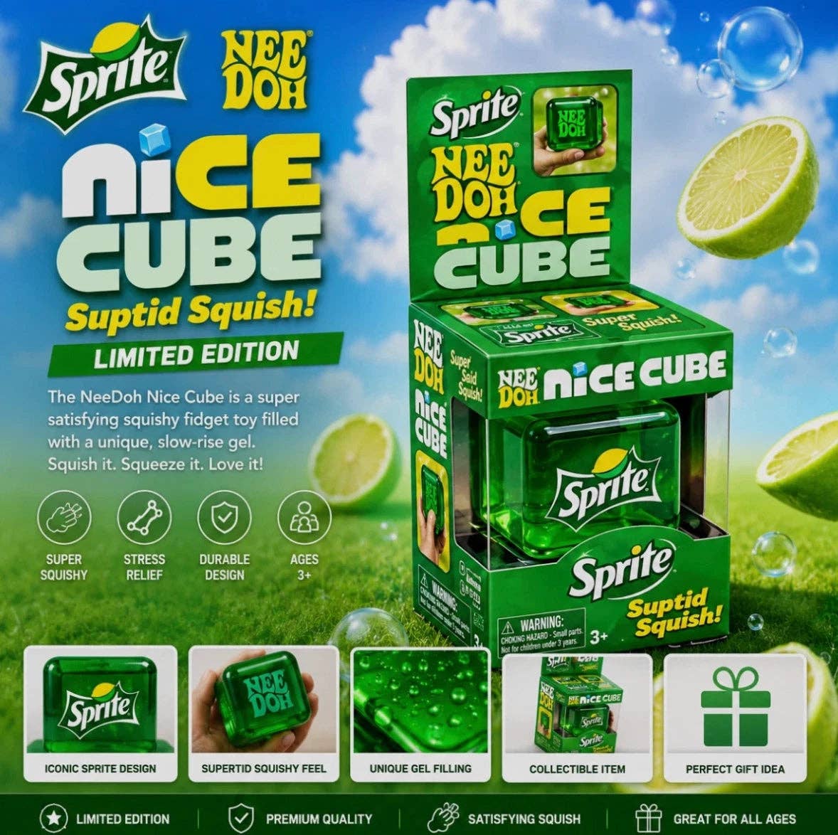 Sprite Nee Doh Nice Cube packaging with green gel toy and lemon graphics on a bright background