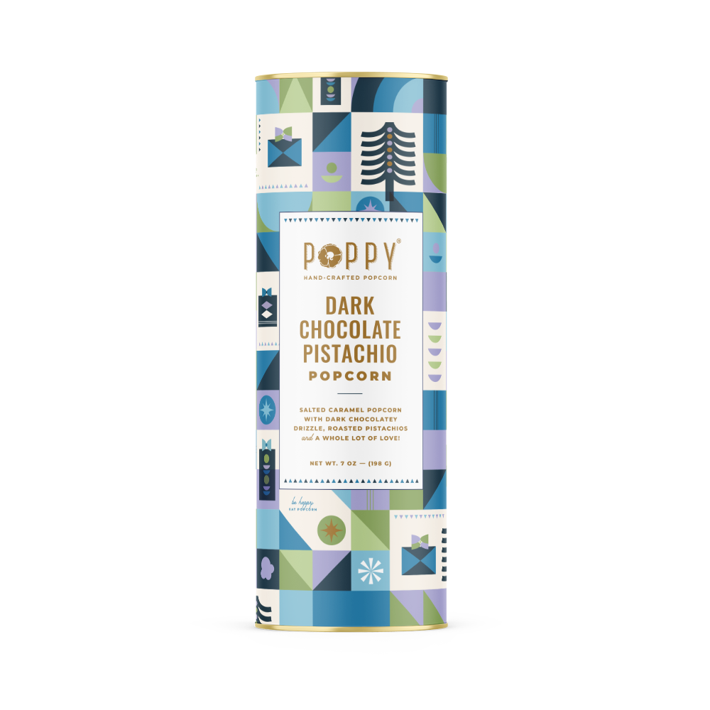 Poppy Hand-Crafted Popcorn - Dark Chocolate Pistachio Cylinder Holiday Popcorn