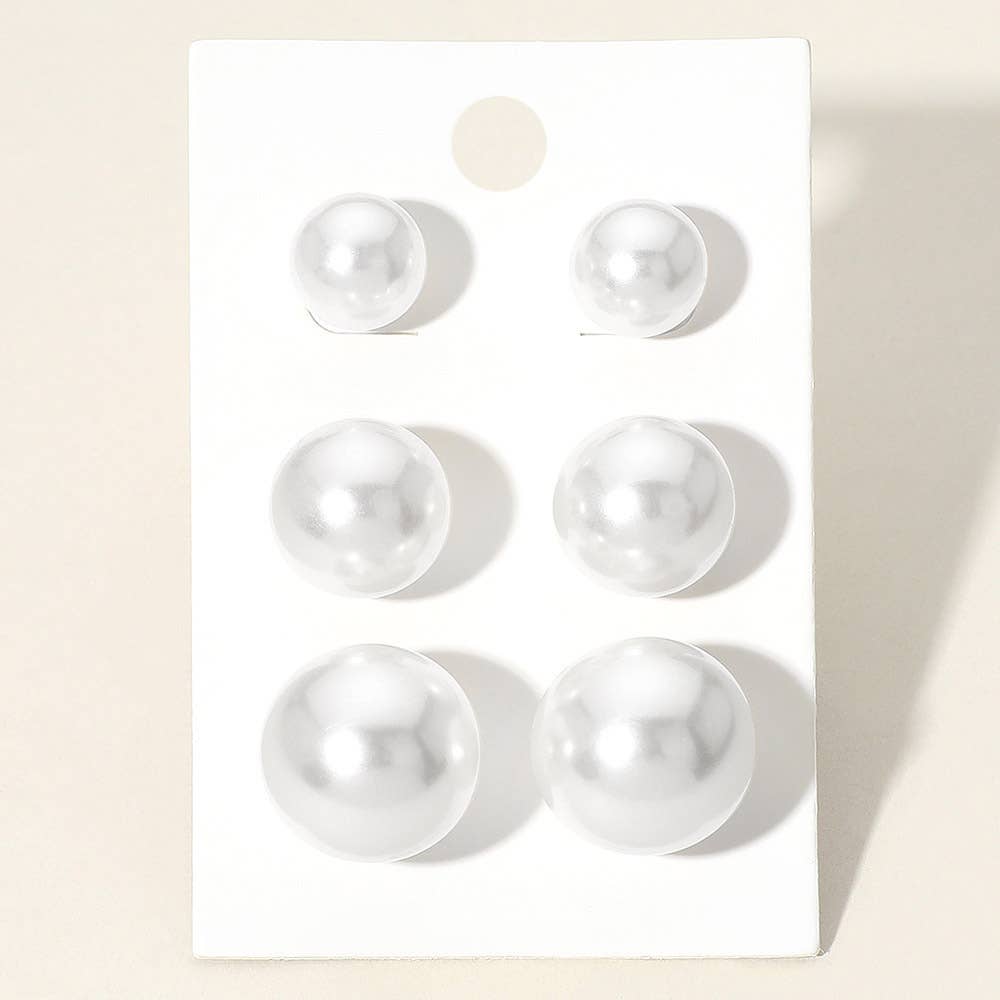 3 Pairs - Pearl Stud Earring Set