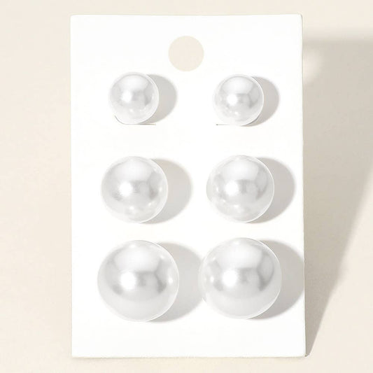 3 Pairs - White Pearl Stud Earring Set