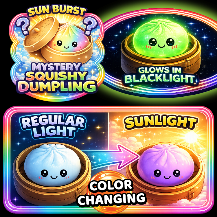 Mystery squishy dumpling with sunburst effect and color-changing feature.