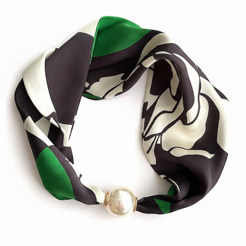 Silky Print Scarf Necklace with Magnetic Pearl Clasp
