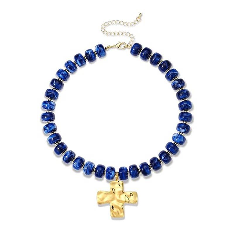 Flat Disc Bead Cross Pendant Necklace Adjustable Choker