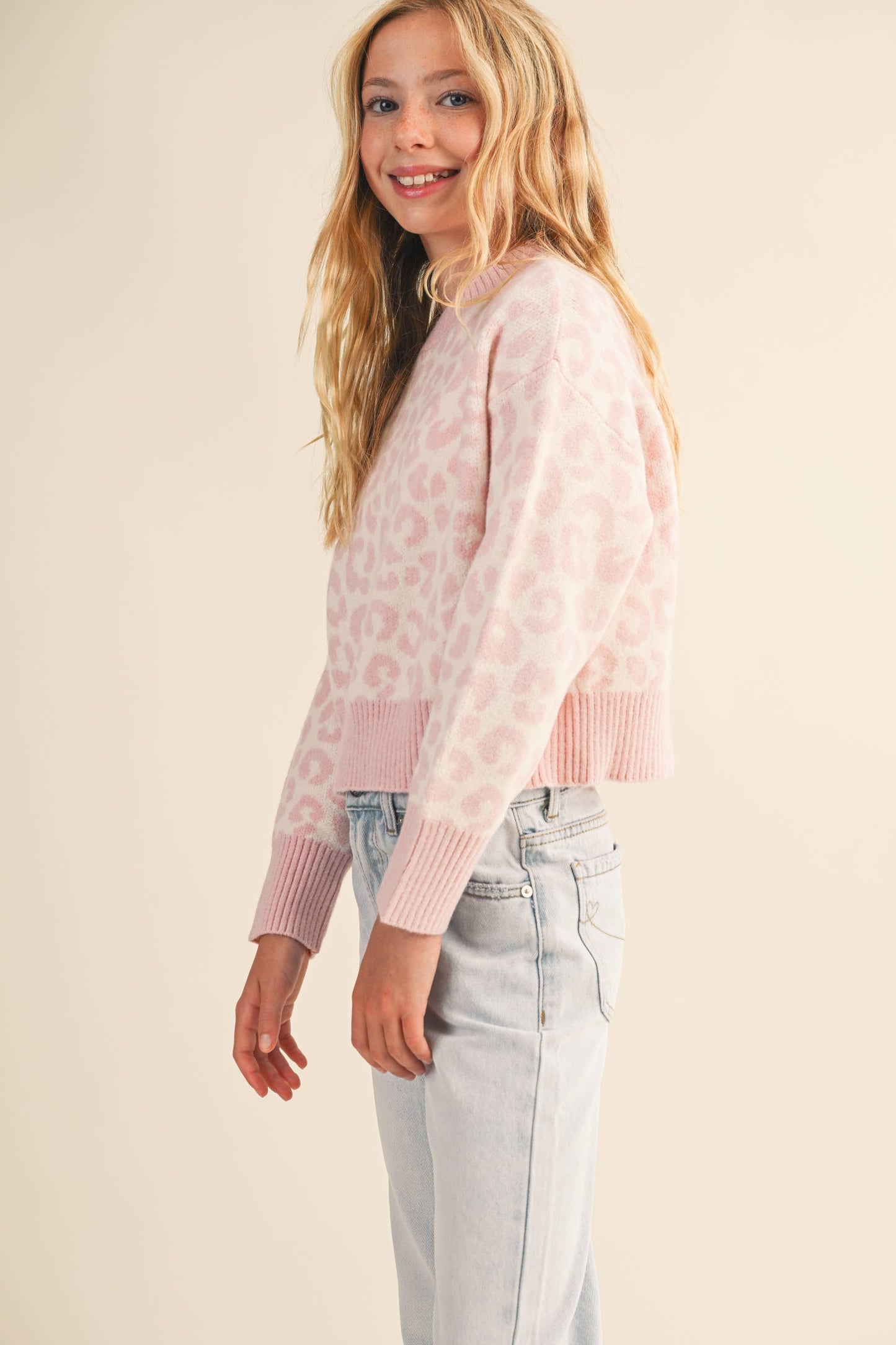 Girls Pink Leopard Sweater