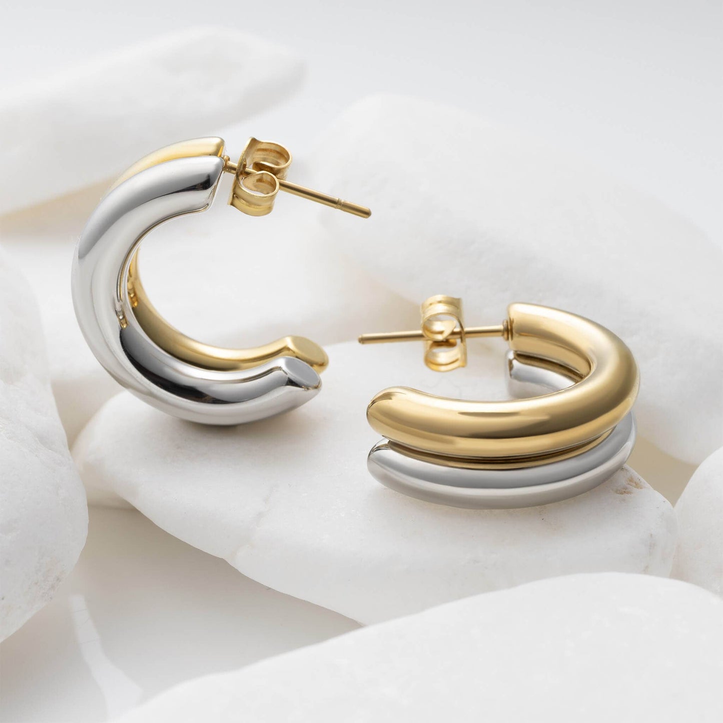 Gold Stainless Steel Mixed Metal Statement Huggie Earrings