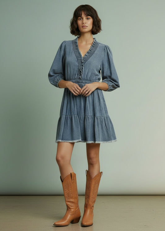 Woman wearing a blue denim dress with brown boots on a beige background