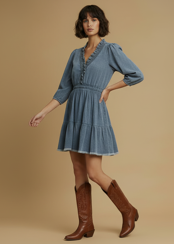 Light Denim Ruffle Trim Tiered Mini Dress