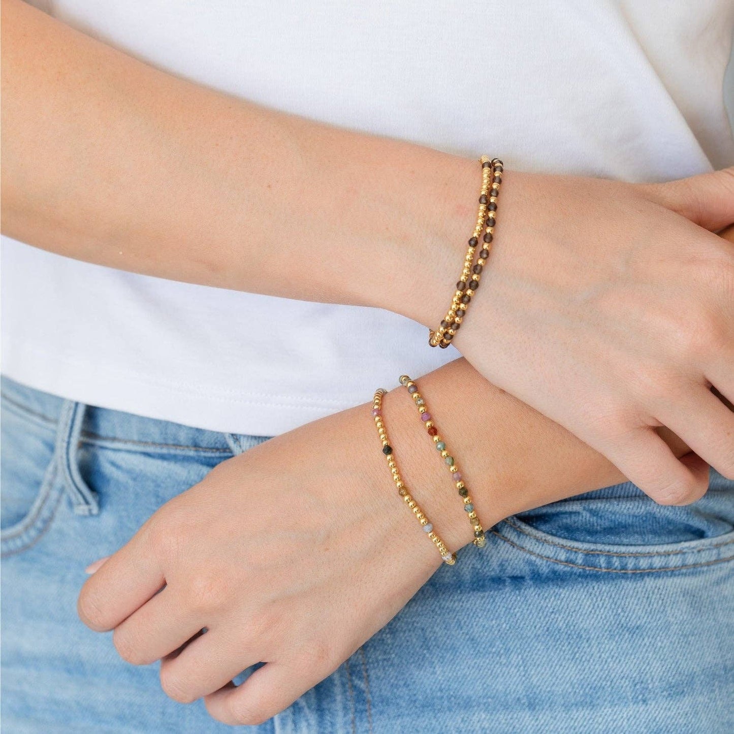 3mm Bead And Stone Stretch Bracelets