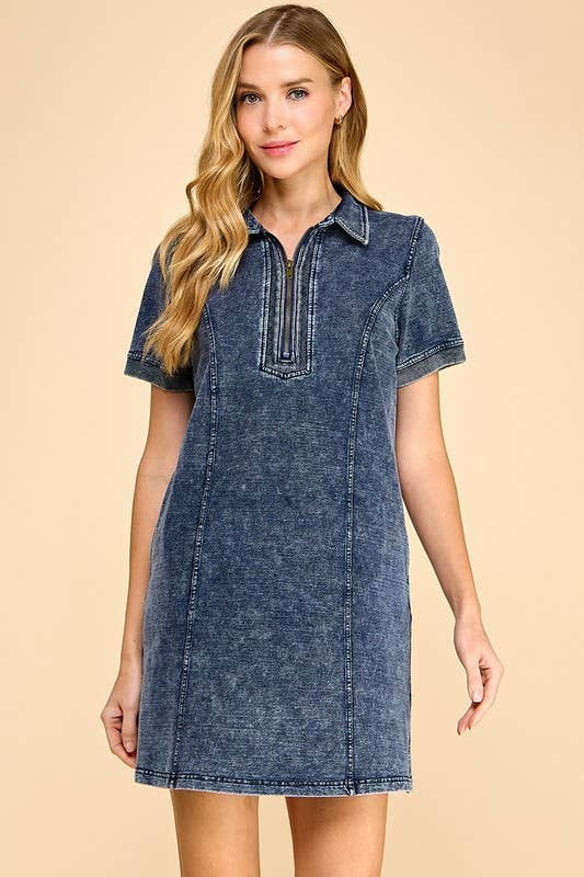 Stretch Denim Front Half Zipper Casual Dress