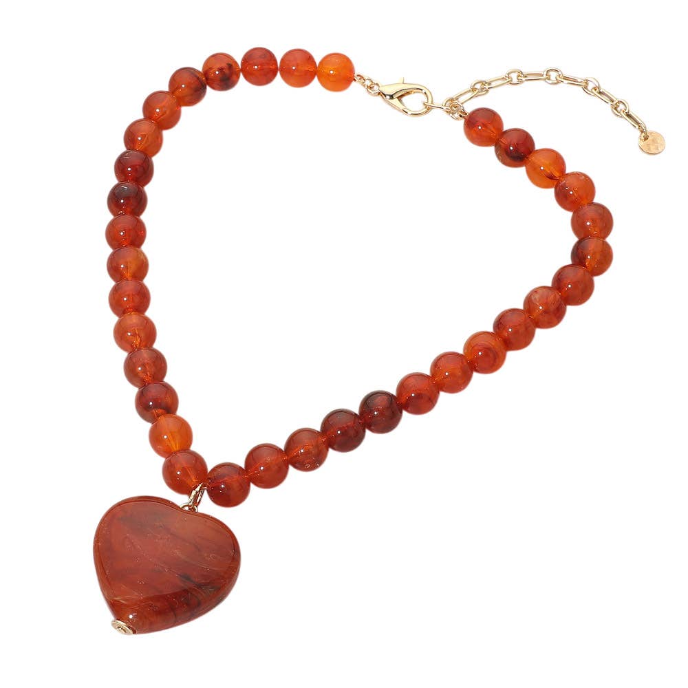 Chunky Marbled Resin Heart Charm Beaded Necklace