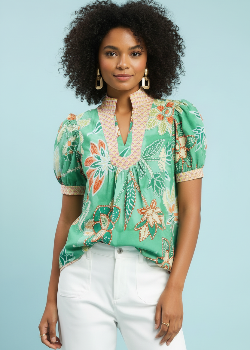 Mixed Abstract V Neck Top