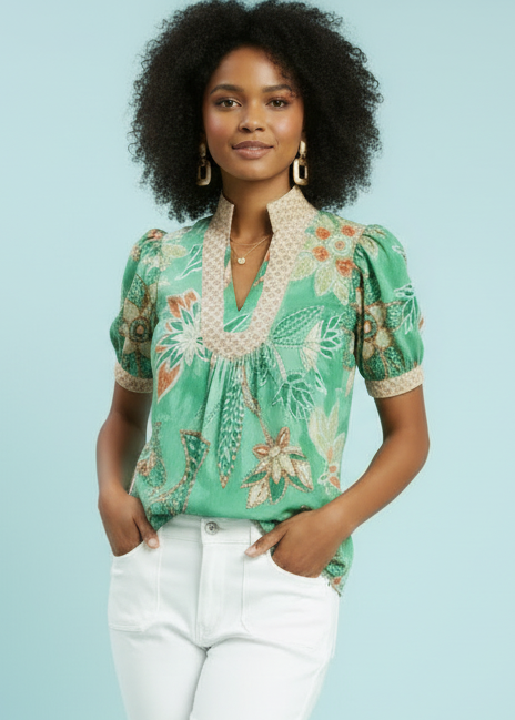 Woman wearing a floral blouse with a light blue background