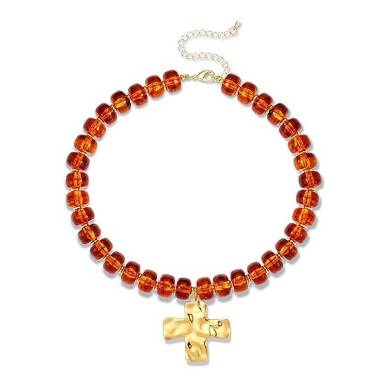 Flat Disc Bead Cross Pendant Necklace Adjustable Choker