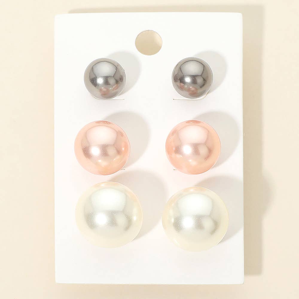 3 Pairs - Pearl Stud Earring Set