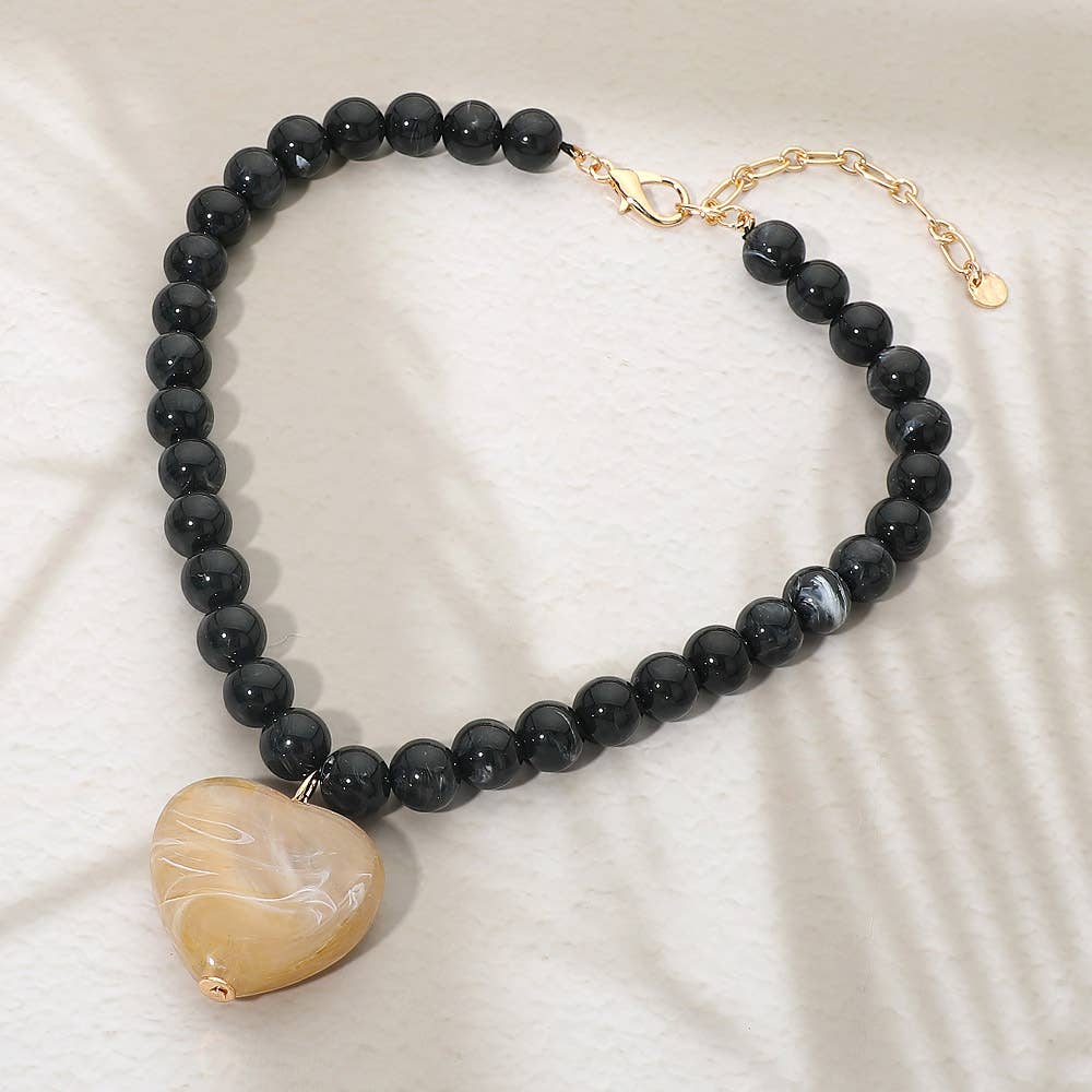 Chunky Marbled Resin Heart Charm Beaded Necklace