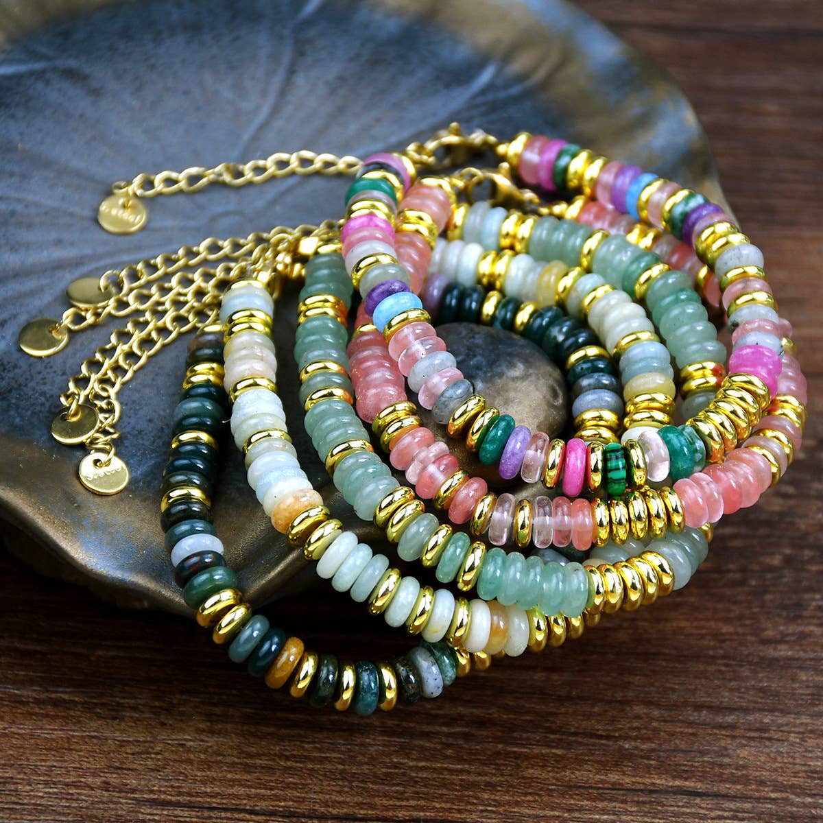 Boho Colorful Stone Beaded Gold Accent Bracelet