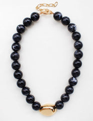 Black Natural Stone with Gold Accent Necklace