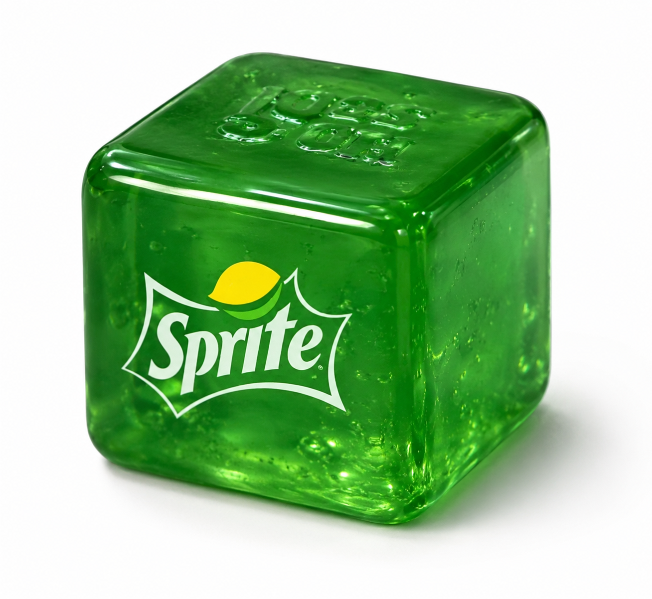 Green ice cube-shaped container with Sprite logo on a white background