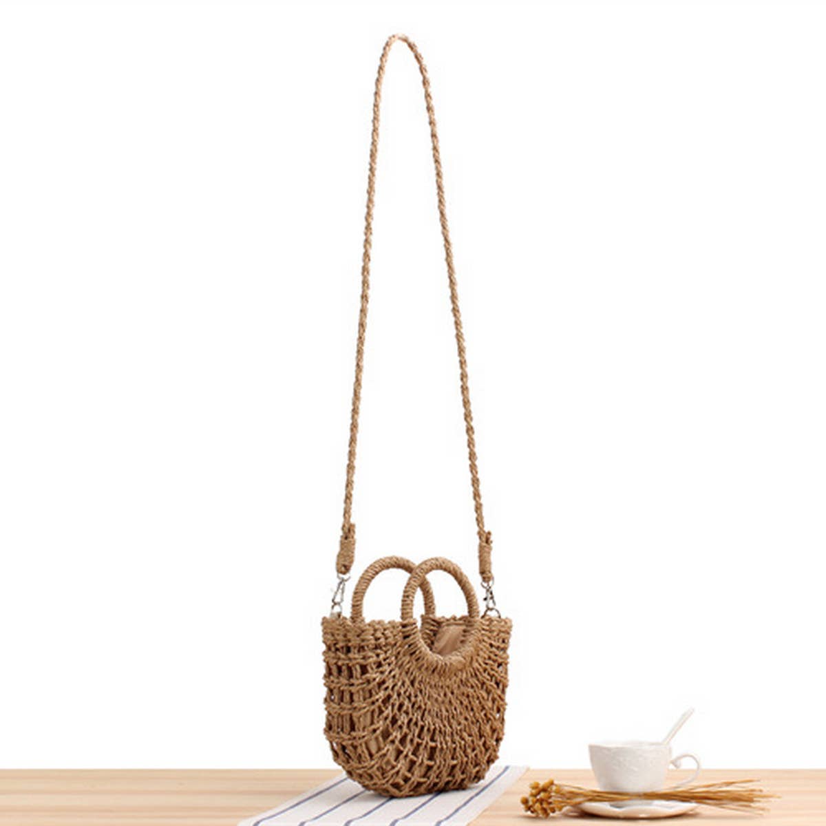 Semi-Circle Hollow Rattan Hand Bag