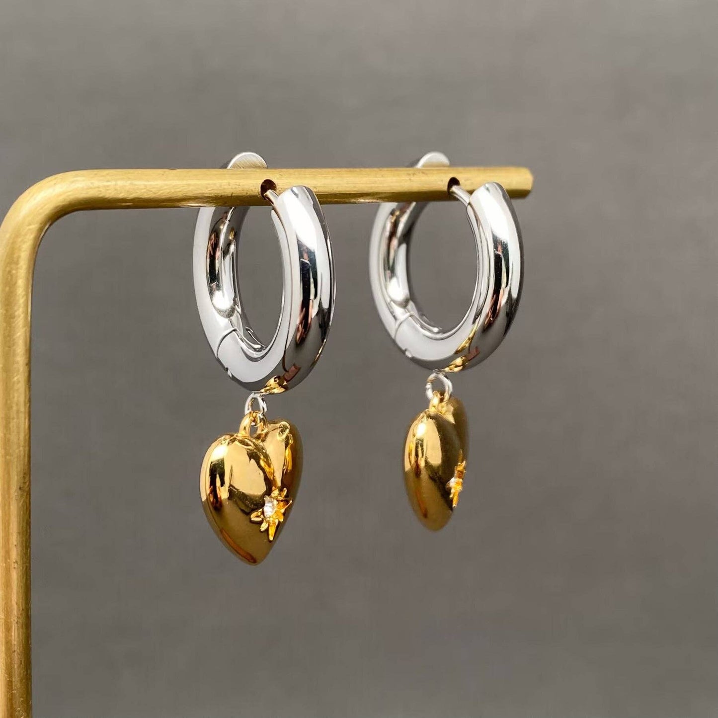 CZ Inlaid Heart Two Tone 18K Golden Huggie Earrings