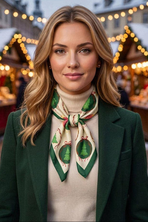 A woman stands at an outdoor Christmas market wearing a dark green blazer, cream turtleneck sweater, and a patterned green and cream scarf with holiday motifs.