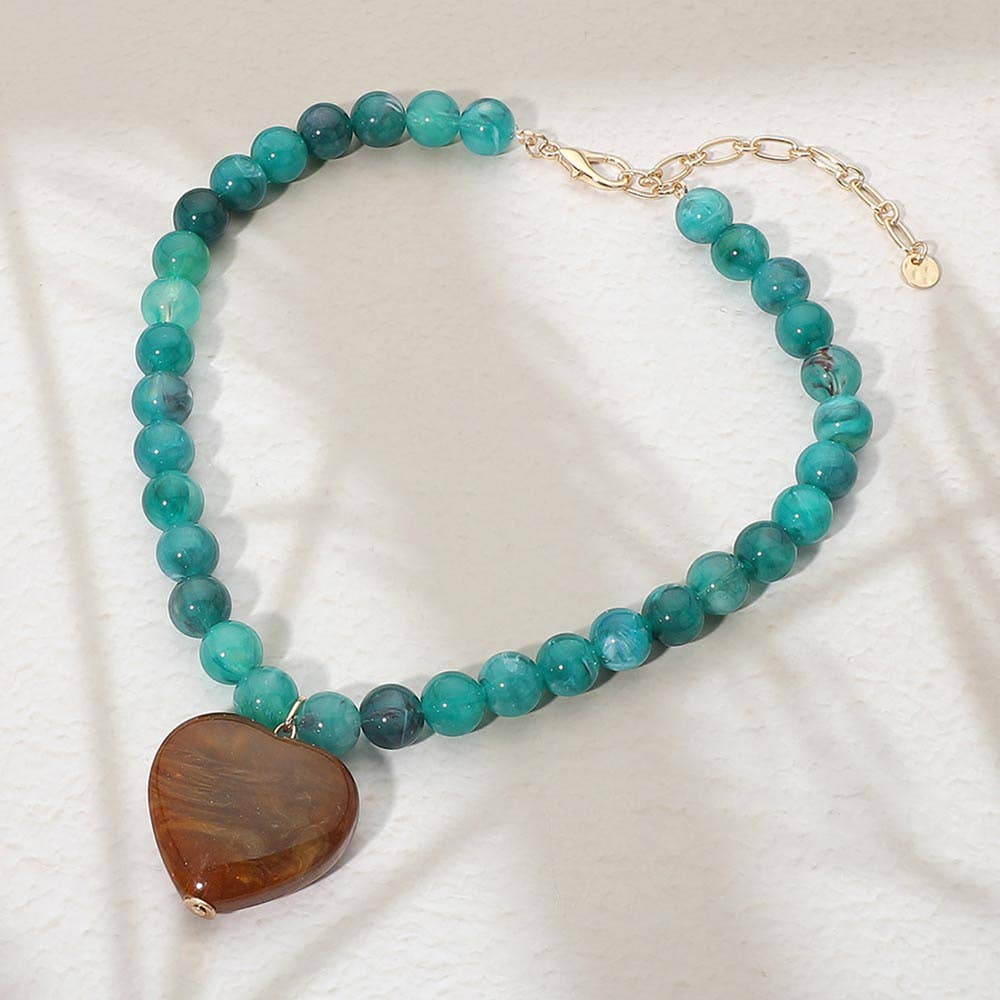 Chunky Marbled Resin Heart Charm Beaded Necklace