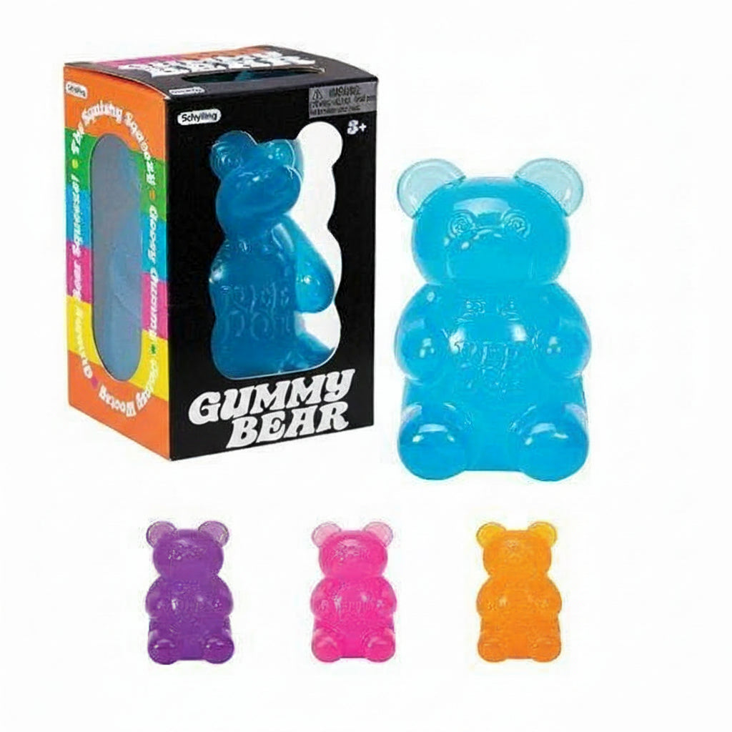 Blue gummy bear toy with packaging and additional colorful gummy bear toys on a white background