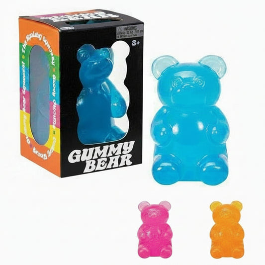 Blue gummy bear toy with packaging and additional colorful gummy bear toys on a white background