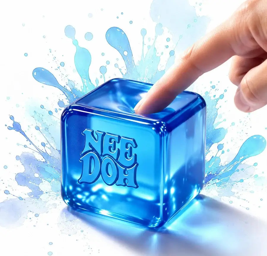 Blue cube with 'NEEDOH' branding being pressed by a finger against a water splash background