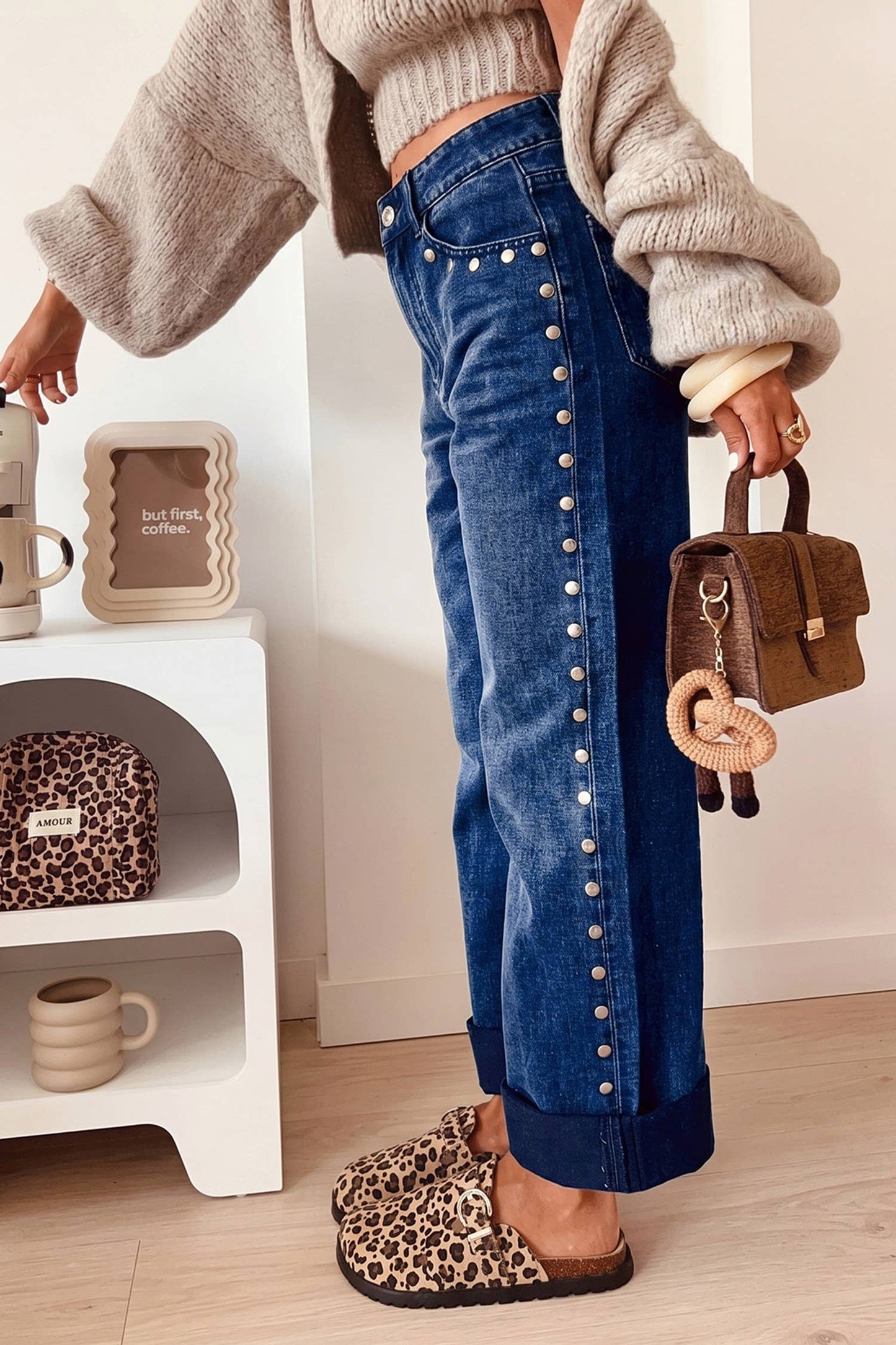 High Waisted Studded Wide Leg Jeans