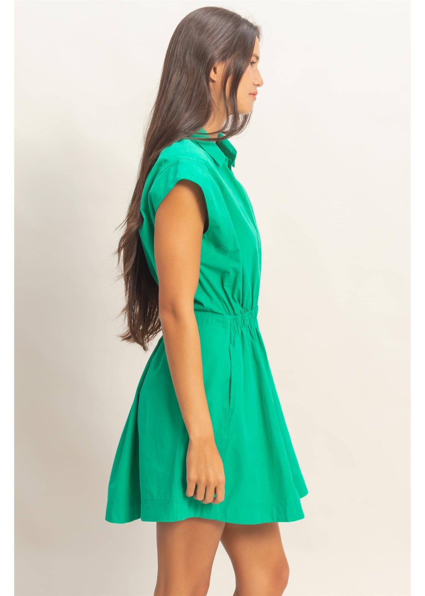 Green Collared Shirred Mini Dress