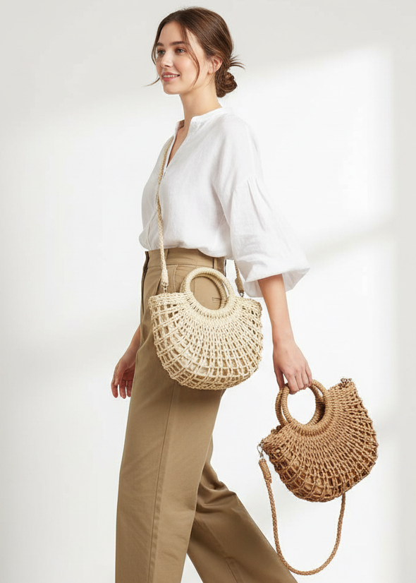 Woman holding two woven handbags against a white background