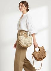 Semi-Circle Hollow Rattan Hand Bag