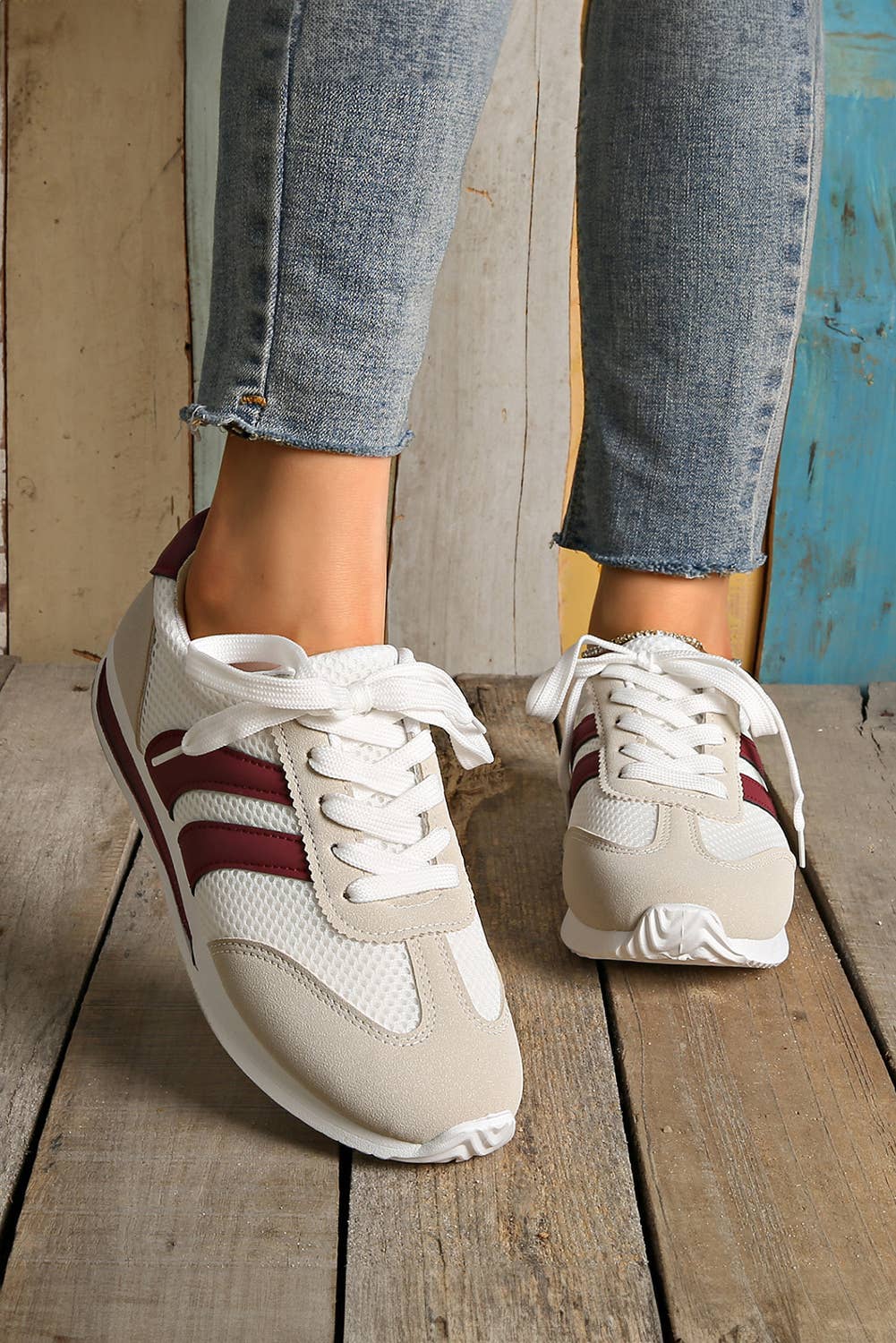 Garnet & White Lace-up Sneakers