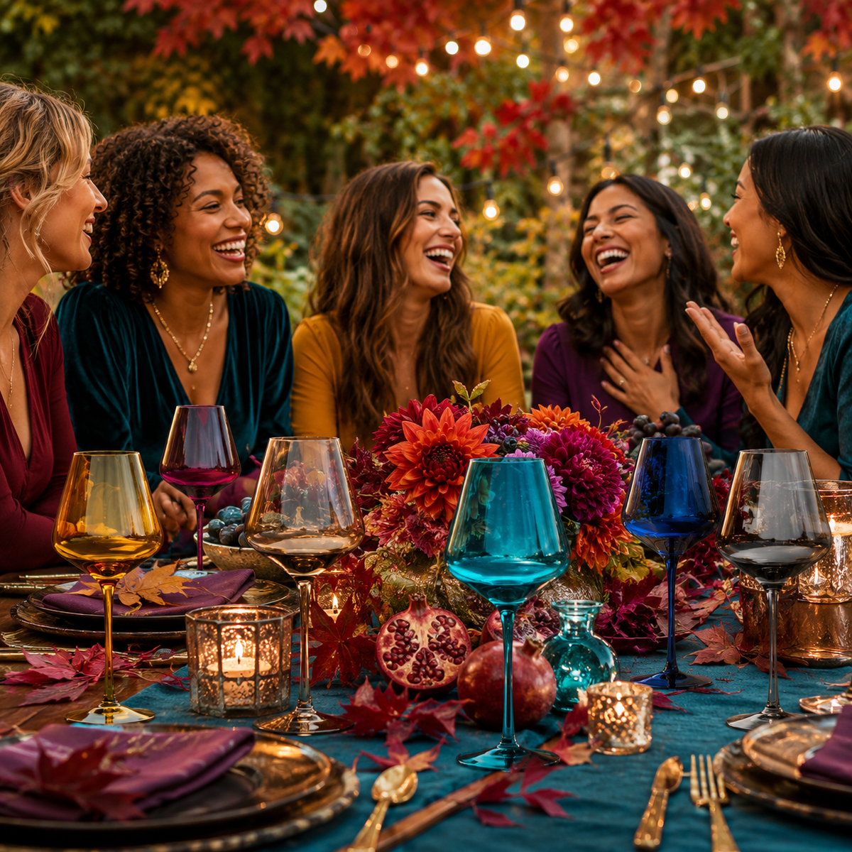 Five women laughing and dining together at an outdoor table decorated for autumn, with colorful wine glasses, candles, flowers, and fall leaves in the background.