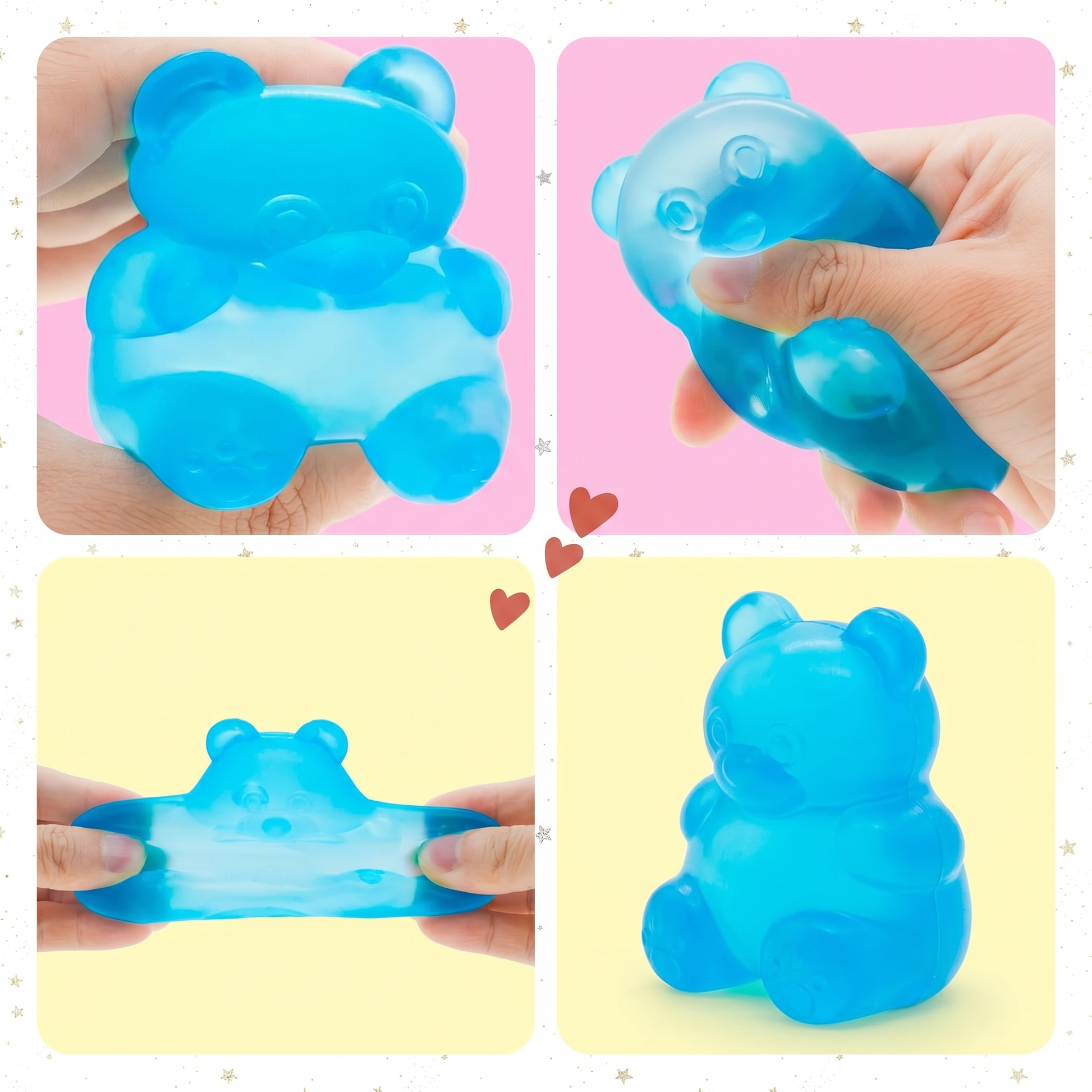 Blue bear-shaped gel pack being held and squeezed by hands on a colorful background