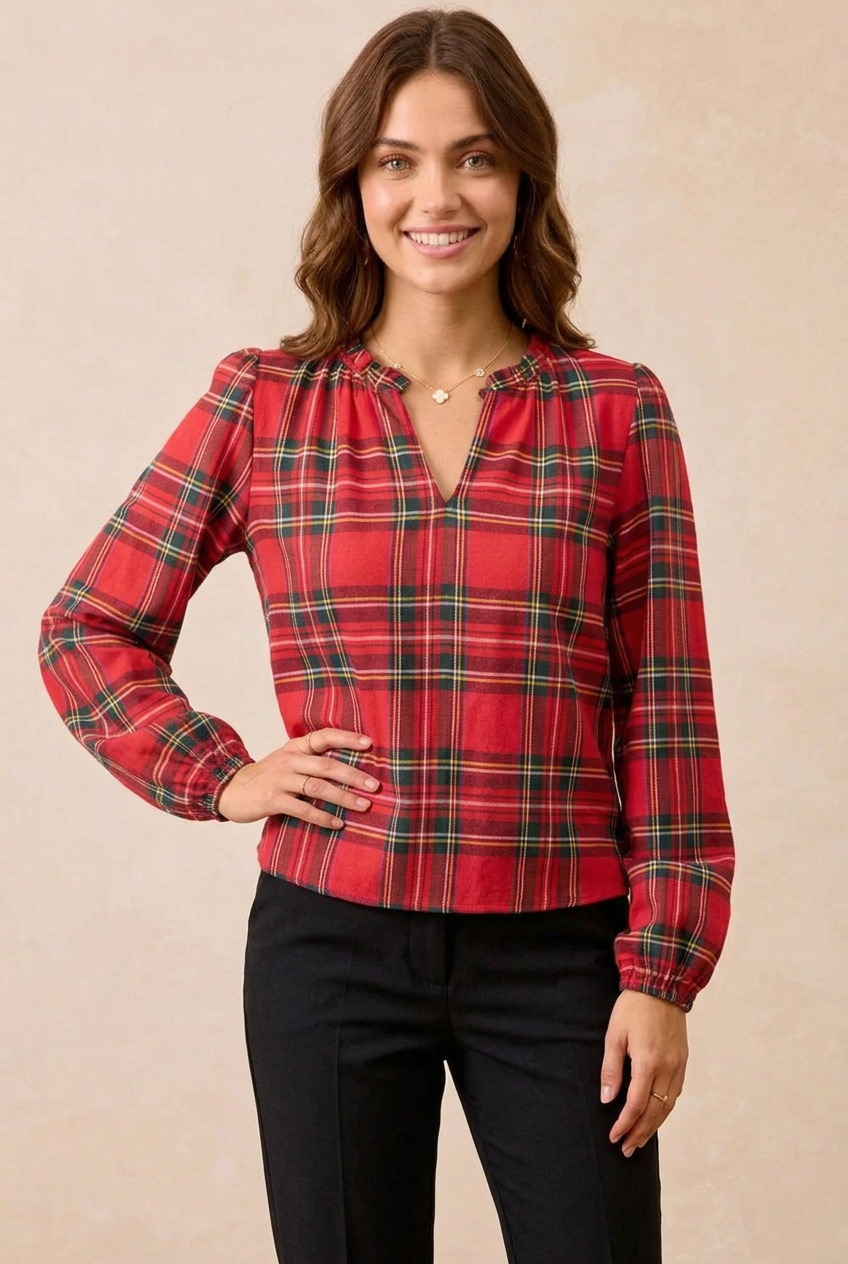 Festive Tartan Plaid V-Neck Top