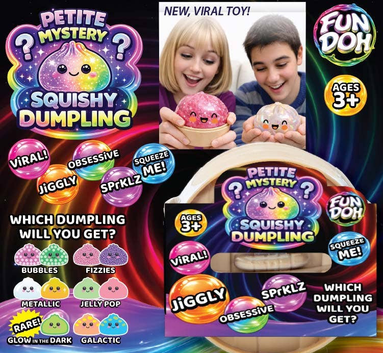 Promotional image of Fun Doh Petite Mystery Dumplings toy packaging with children playing with dumplings.