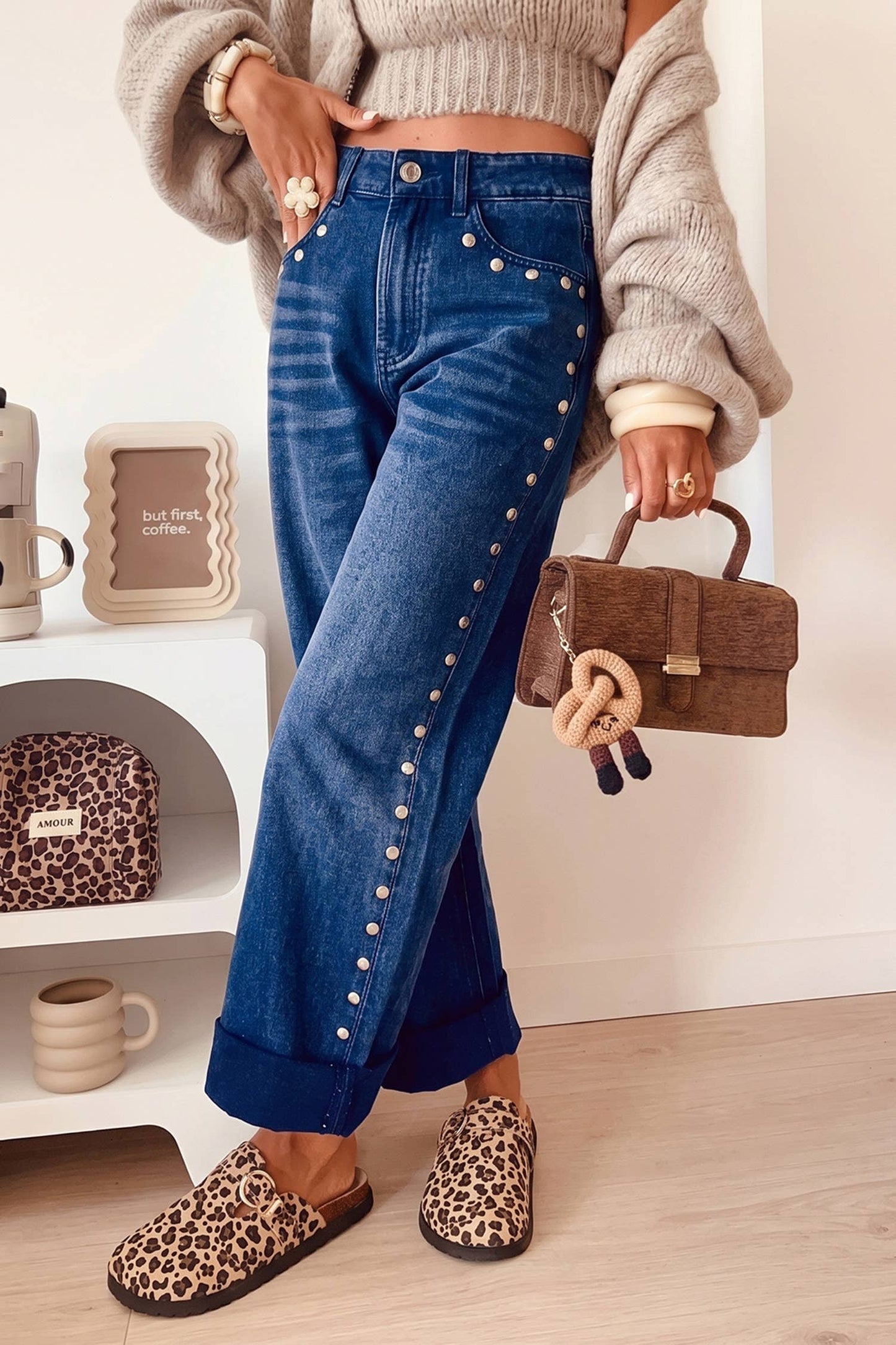 High Waisted Studded Wide Leg Jeans