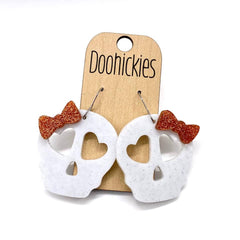 Glittery Skull with Orange Glitter Bows Acrylic Dangles - Halloween Earrings