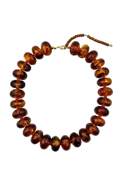A classic-style amber bead necklace with polished, rounded translucent brown beads and a gold-tone clasp, displayed on a clean white background.