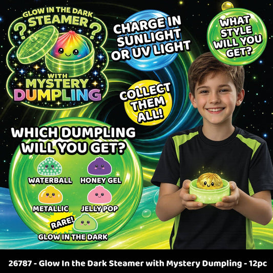 Glow-in-the-dark steamer with mystery dumpling feature and boy holding a product
