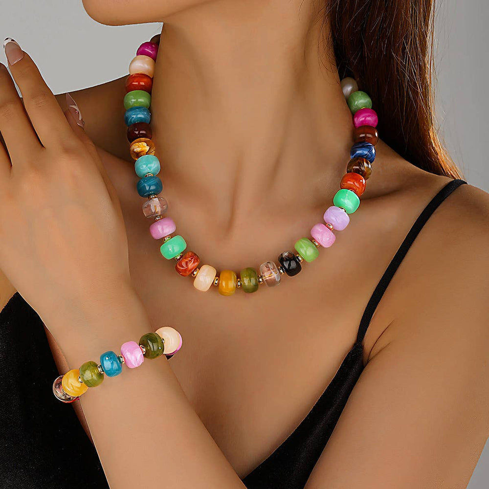 Irregular Barrel Bead Necklace & Bracelet Set Boho Jewelry