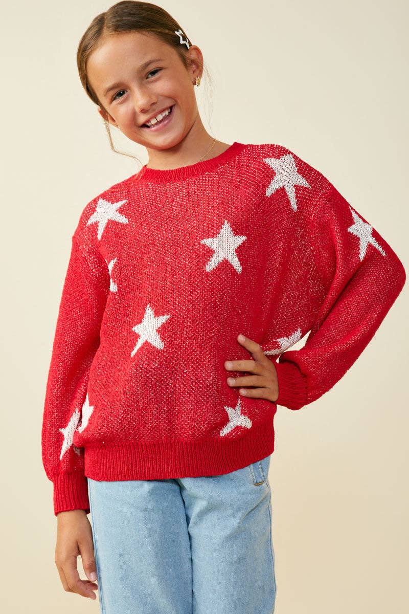 Girls Star Print Loose Knit Sweater Top