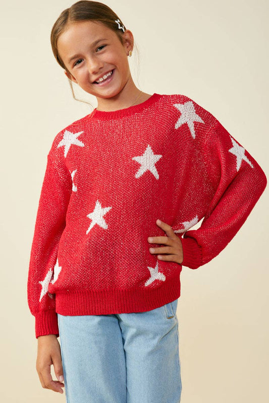 Girls Star Print Loose Knit Sweater Top