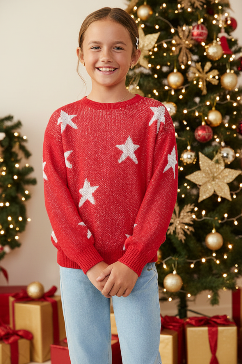 Child wearing a red sweater with white stars in front of a decorated Christmas tree.